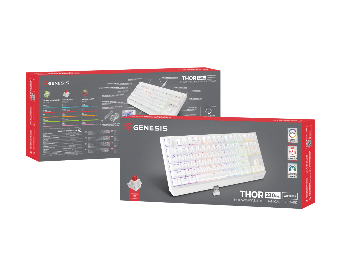 Tastatura gaming mecanica wireless Genesis Thor 230 TKL, iluminare RGB, 87 taste, 11 butoane multimedia, alb