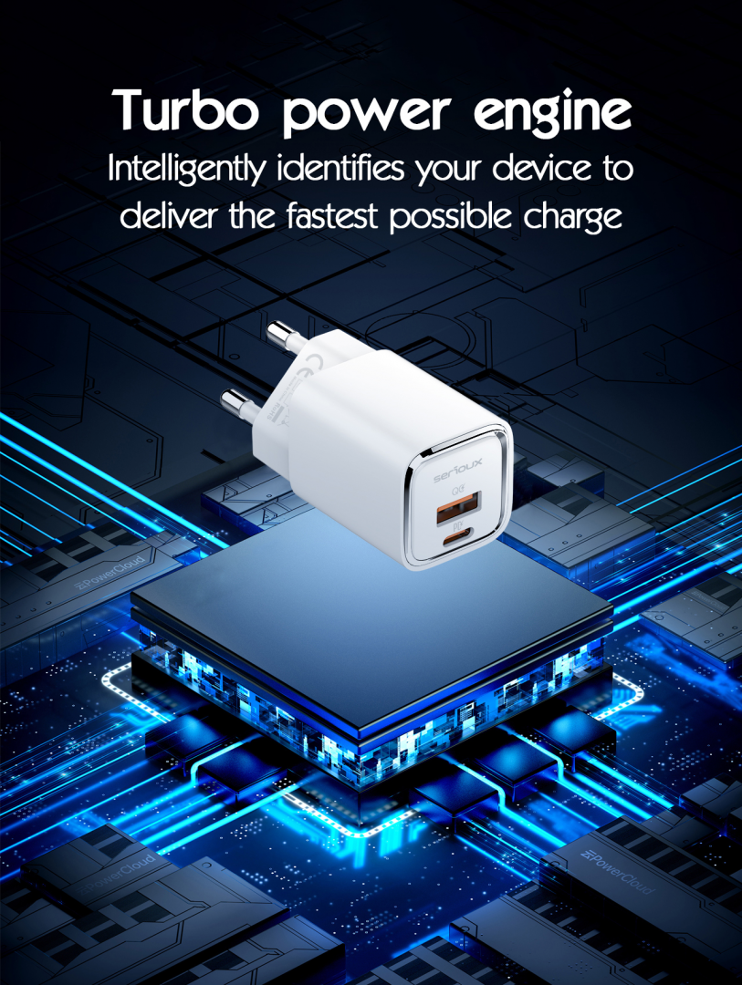 Incarcator retea Serioux 30W Quick Charge, Intrare AC100-240V~ 50/60Hz 0.7A Max, PD Ie?ire: 5V-3A, 9V-3A, 12V-2.5A, 15V 2A, 20V=1.5A (30W), QC Ie?ire: 5V-3A, 9V-2A, 12V=1.5A (18W), PD+QC=5V=3.6A, Total: 30W Max