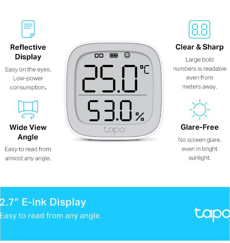 TP-LINK TAPO T315, Monitor smart de temperature si umiditate (necesit? Hub Tapo), Wireless: 868 / 922 MHz, Acuratete temperature: ±0.3°C, Acuratete umiditate: ±3%RH, Dimensiuni: 62 × 62 × 24.5 mm, Alimentare: 2 × AAA/LR03 battery