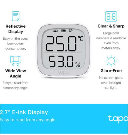 TP-LINK TAPO T315, Monitor smart de temperature si umiditate (necesit? Hub Tapo), Wireless: 868 / 922 MHz, Acuratete temperature: ±0.3°C, Acuratete umiditate: ±3%RH, Dimensiuni: 62 × 62 × 24.5 mm, Alimentare: 2 × AAA/LR03 battery