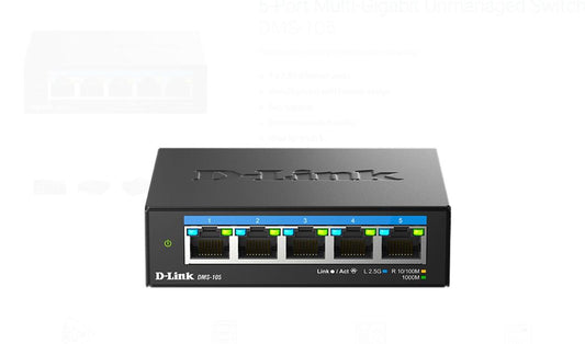D-LINK DMS-105 UNMANAGED SWITCH 5 PORT, Interfata: 5 x 10/100Mbps/1G/2.5G, Auto MDI/MDIX, CAPACITATE SWITCH: 25gBPS, Packet Forwarding Rate:18.6 Mpps, Dimensiuni 100.5 x 82 x28mm, Greutate: 238.6 g.