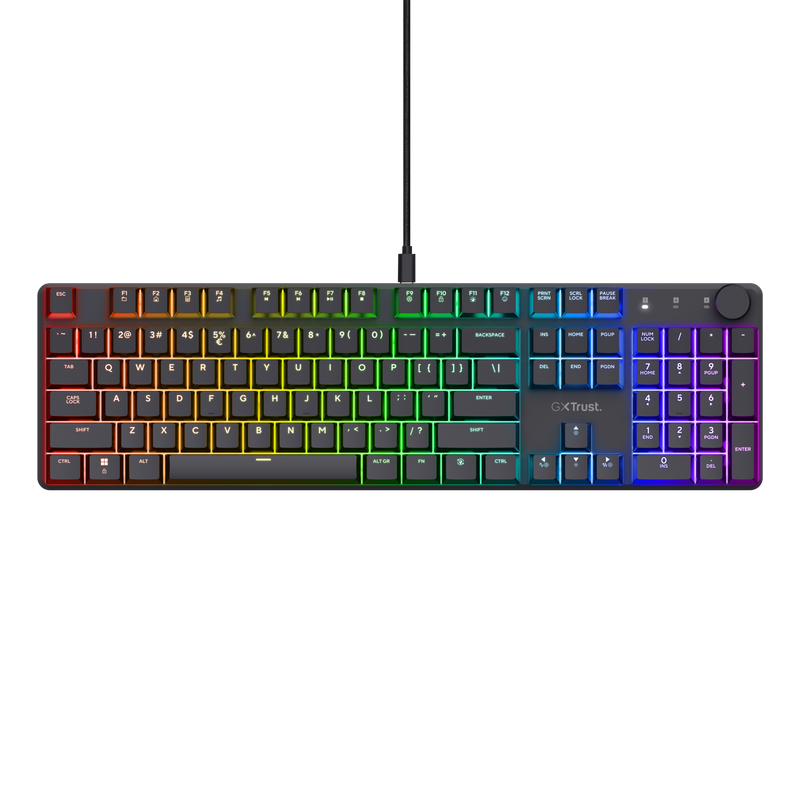 Tastatura mecanica Trust GXT 866 Torix cu fir, swtich linear, 104 butoane, full RGB, butoane programabile, tipuri de jocuri FPS, MMO, MOBA, RPG, RTS, negru