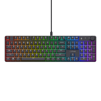 Tastatura mecanica Trust GXT 866 Torix cu fir, swtich linear, 104 butoane, full RGB, butoane programabile, tipuri de jocuri FPS, MMO, MOBA, RPG, RTS, negru