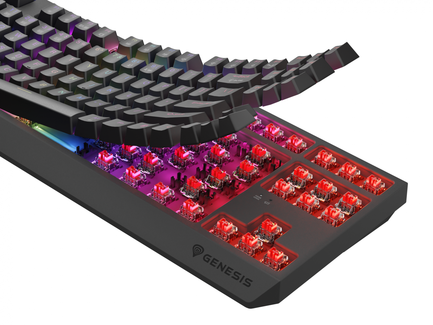 Tastatura gaming mecanica wireless Genesis Thor 230 TKL, iluminare RGB, swtich-uri Red, 87 taste, 11 butoane multimedia, negru