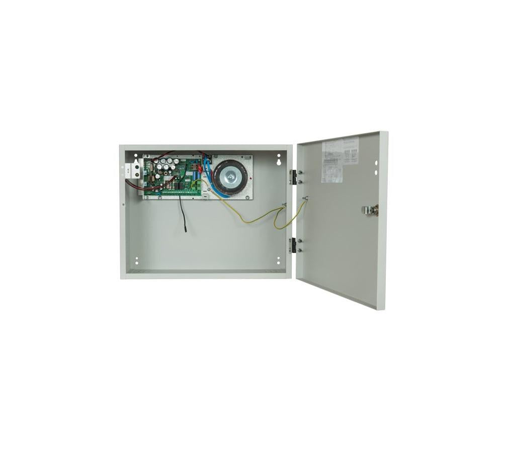 Sursa de alimentare pentru sisteme de detectie incendiu 24V/7A in cutie  metalica, loc pentru 2 acumulatori 12V/18A. Sursele sunt certificate EN 54-4, Vds; EN 12101-10;