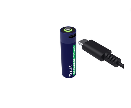 Baterii reincarcabile AA Trust, incarcate prin USB-C, putere intrare 1.2W, pachet de 2 bucati.