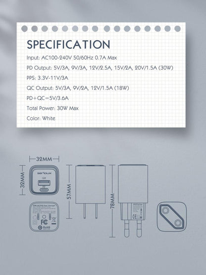 Incarcator retea Serioux 30W Quick Charge, Intrare AC100-240V~ 50/60Hz 0.7A Max, PD Ie?ire: 5V-3A, 9V-3A, 12V-2.5A, 15V 2A, 20V=1.5A (30W), QC Ie?ire: 5V-3A, 9V-2A, 12V=1.5A (18W), PD+QC=5V=3.6A, Total: 30W Max