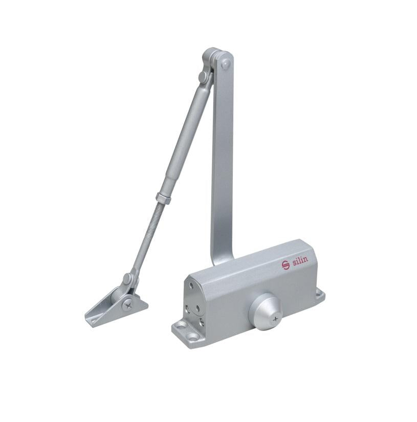 Amortizor hidraulic cu brat SA-5012AD-sv, cu blocare; Pentru: usi cu greutatea de 25-45 kg; latime usa ?900mm; Ulei hidraulic termostabil; Viteza de inchidere reglabila; Montare universala: stanga sau dreapta; Culoare: argintiu; Deschidere usa la 135°;
