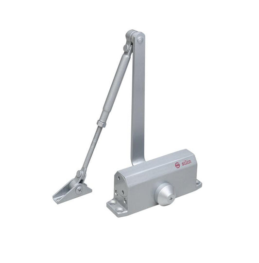Amortizor hidraulic cu brat SA-5012AD-sv, cu blocare; Pentru: usi cu greutatea de 25-45 kg; latime usa ?900mm; Ulei hidraulic termostabil; Viteza de inchidere reglabila; Montare universala: stanga sau dreapta; Culoare: argintiu; Deschidere usa la 135°;