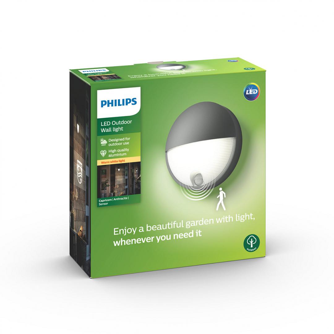 Aplica LED pentru exterior cu senzor de miscare Philips Capricorn ,6W(47W), 600 lm, lumina calda (2700K), IP44, 78x214mm, Antracit