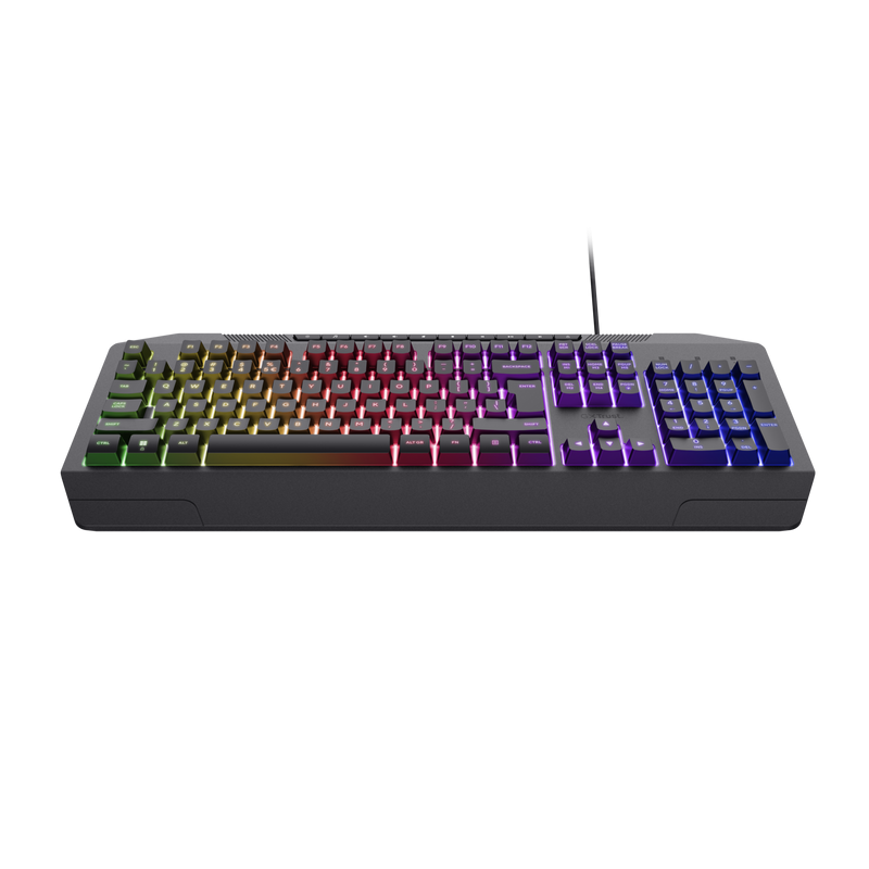Tastatura Trust cu fir GXT836 Evocs, numar butoane 114, interfata USB 2.0, conector USB-A, iluminare RGB rainbow, negru