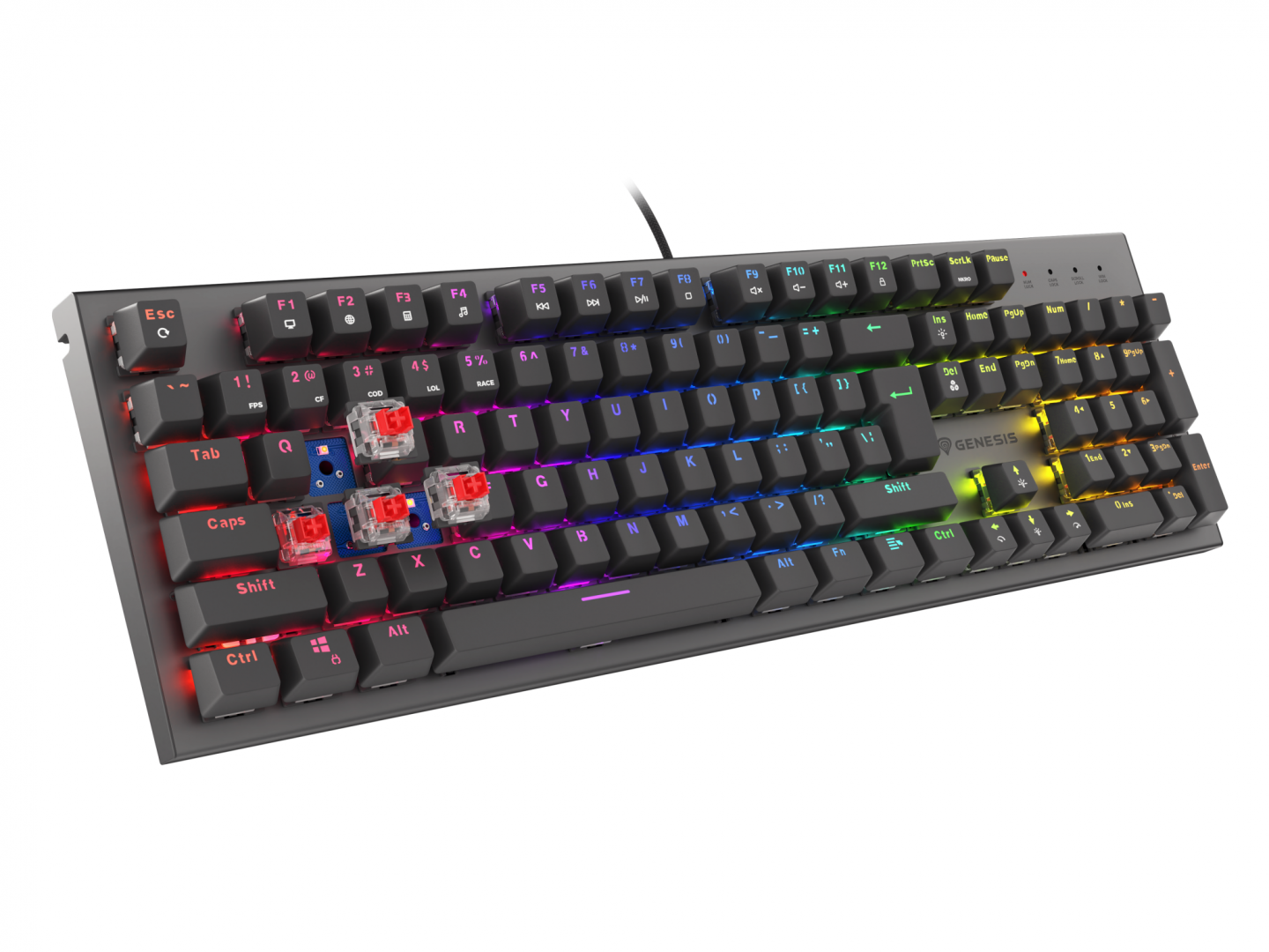 Tastatura gaming mecanica cu fir Genesis Thor 303, iluminare RGB, switch-uri Red, 104 taste, 11 butoane multimedia, negru