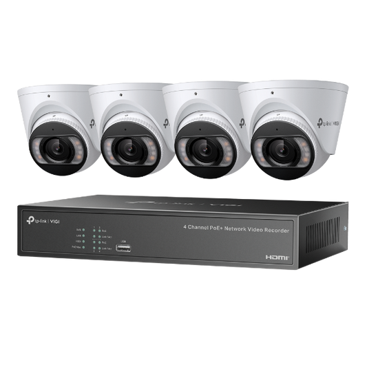 KIT NVR + HDD 2TB POE TP-Link VIGI 4 canale + 4 camere 4MP, Lentila 2.8, IR+WL 30ML Turret, NVR TP-Link VIGI 4 canale, 53W 1004H; 8MP, 1SATA Interface, max 10TB, H.265+; ONVIF,