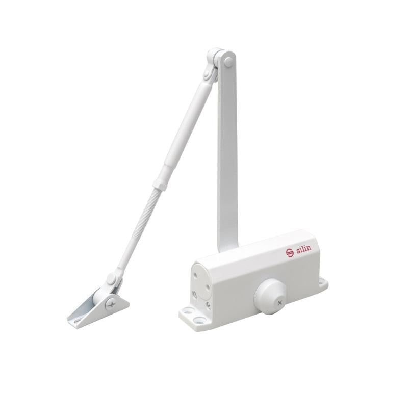 Amortizor hidraulic cu brat SA-5012AW-wh, culoare alb; Pentru: usi cu greutatea de 25-45 kg; latime usa ?900mm; Ulei hidraulic termostabil; Viteza de inchidere reglabila; Montare universala: stanga sau dreapta; Culoare: alb; Deschidere usa la 135°;