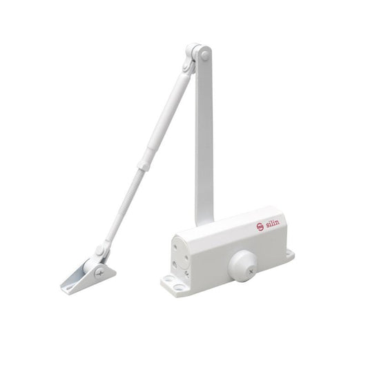 Amortizor hidraulic cu brat SA-5012AW-wh, culoare alb; Pentru: usi cu greutatea de 25-45 kg; latime usa ?900mm; Ulei hidraulic termostabil; Viteza de inchidere reglabila; Montare universala: stanga sau dreapta; Culoare: alb; Deschidere usa la 135°;